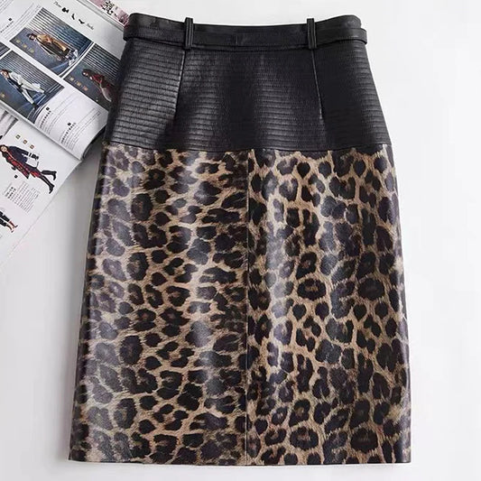 2025 New Spring Women Genuine Leather Skirt Feminino Slim Leopard Pattern Split Wrapped Jupe Mujer Mid Length Striped Belt Saia