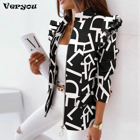 2023 Elegant Stand Collar Office Lady Blazer Coat Women Plaid Print Zipper Tops Jacket Spring Autumn Long Sleeve Ruffle Cardigan