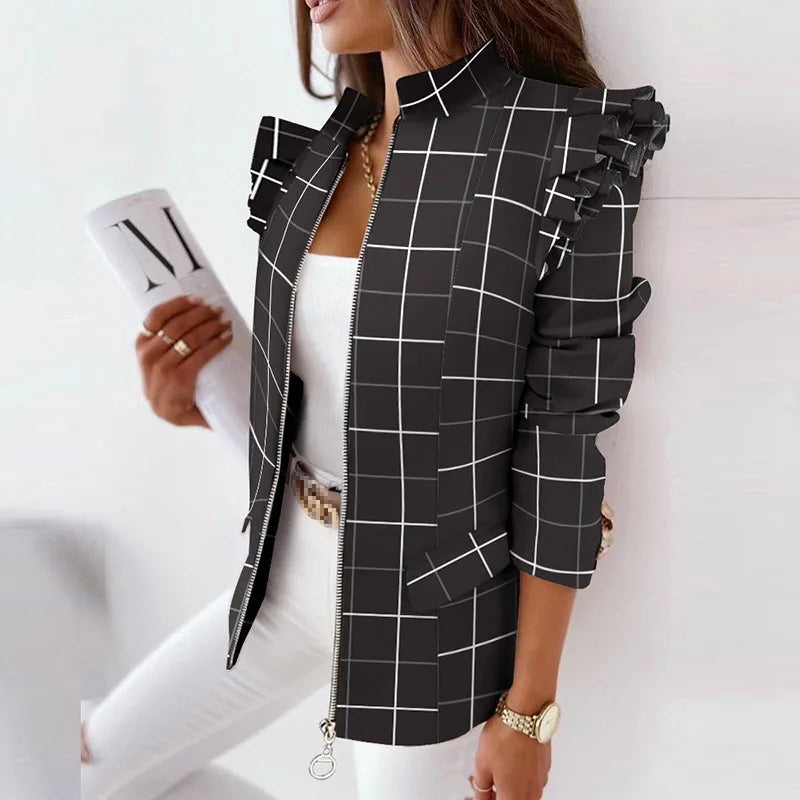 2023 Elegant Stand Collar Office Lady Blazer Coat Women Plaid Print Zipper Tops Jacket Spring Autumn Long Sleeve Ruffle Cardigan