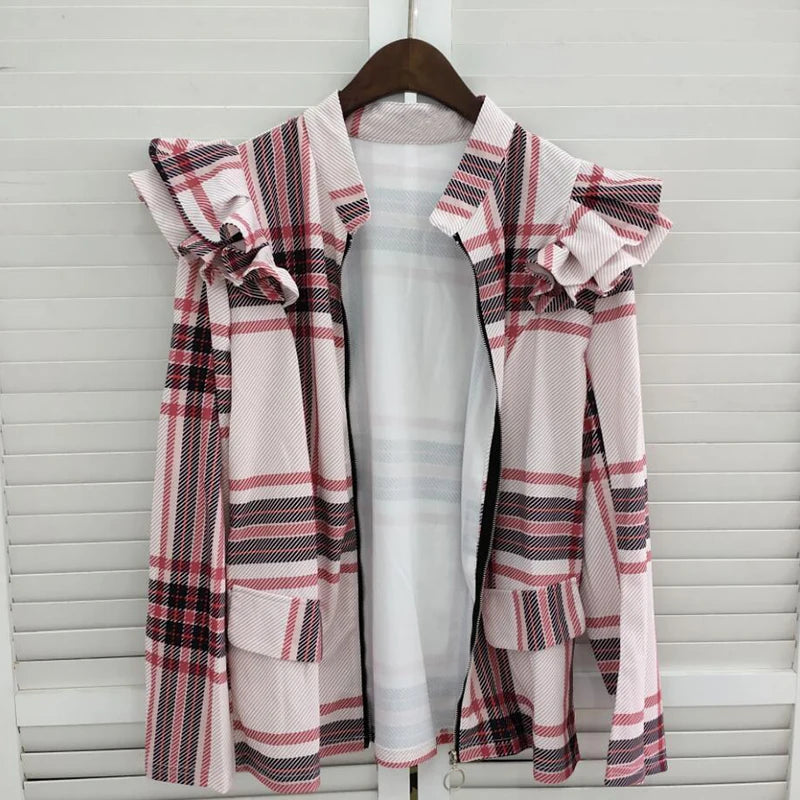 2023 Elegant Stand Collar Office Lady Blazer Coat Women Plaid Print Zipper Tops Jacket Spring Autumn Long Sleeve Ruffle Cardigan