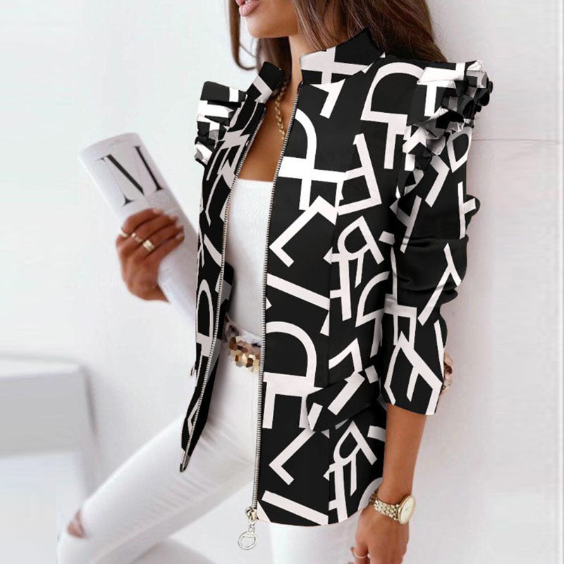 2023 Elegant Stand Collar Office Lady Blazer Coat Women Plaid Print Zipper Tops Jacket Spring Autumn Long Sleeve Ruffle Cardigan