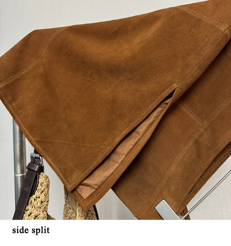2025 Autumn Women's Sheepskin Suede Leather Skirt Female Retro Maillard Split Slim Pencil Wrap Jupe Mujer Auburn Midi Faldas