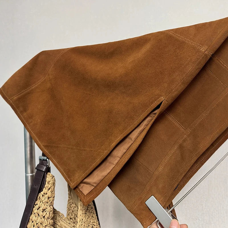 2025 Autumn Women's Sheepskin Suede Leather Skirt Female Retro Maillard Split Slim Pencil Wrap Jupe Mujer Auburn Midi Faldas