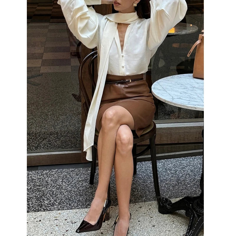 100% Genuine Leather Skirts for Women 2025 Fall New Sheepskin High Waist Sexy Female Back Slit Package Hip Knee-length Skirts