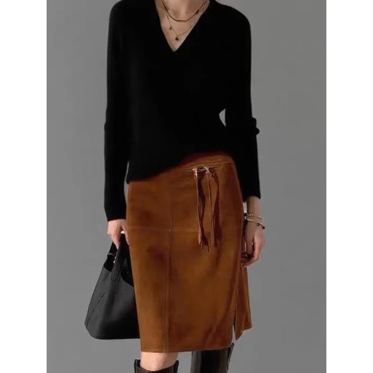 2025 Autumn Women's Sheepskin Suede Leather Skirt Female Retro Maillard Split Slim Pencil Wrap Jupe Mujer Auburn Midi Faldas