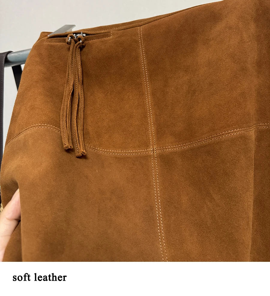 2025 Autumn Women's Sheepskin Suede Leather Skirt Female Retro Maillard Split Slim Pencil Wrap Jupe Mujer Auburn Midi Faldas