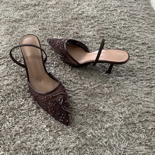 2026 String Bead Mesh Embroider Slingback High Heels Women Sexy Pointed Toe Heeled Sandals Summer Elegant Luxury Designer Shoes