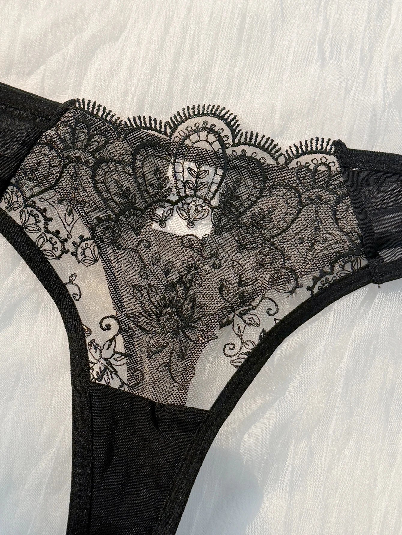 2-piece women's black comfortable lightweight bow semi transparent lingerie set ZA824057