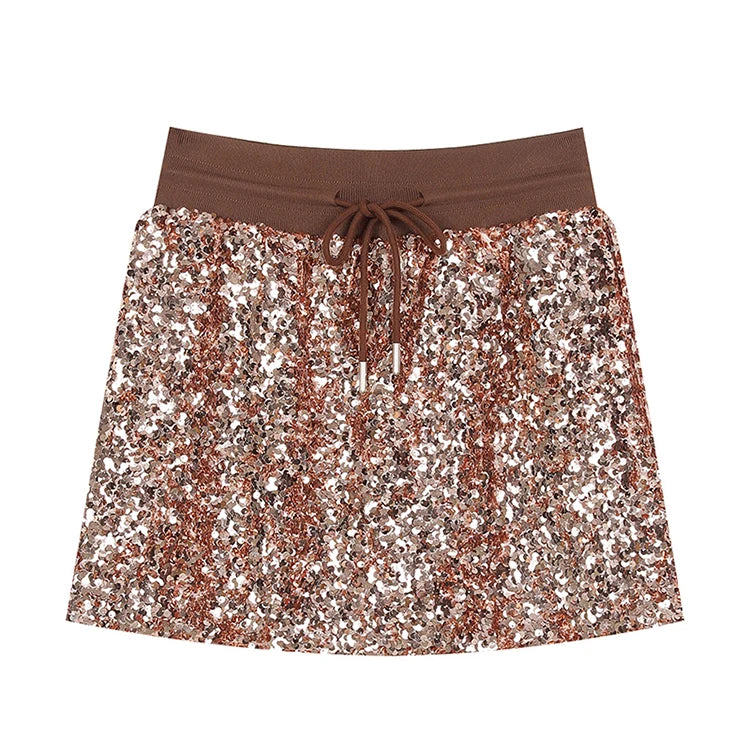 2025 Autumn ELFSACK New Arrivals Sequined pink brown heavy sequined personalized drawstring elastic waist high waist hip skirt f
