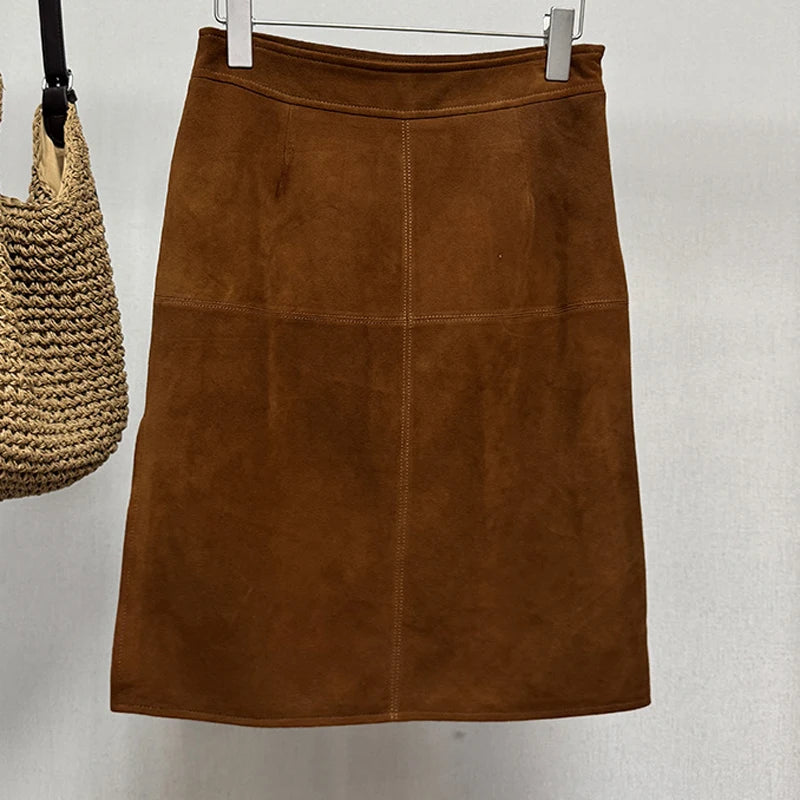 2025 Autumn Women's Sheepskin Suede Leather Skirt Female Retro Maillard Split Slim Pencil Wrap Jupe Mujer Auburn Midi Faldas