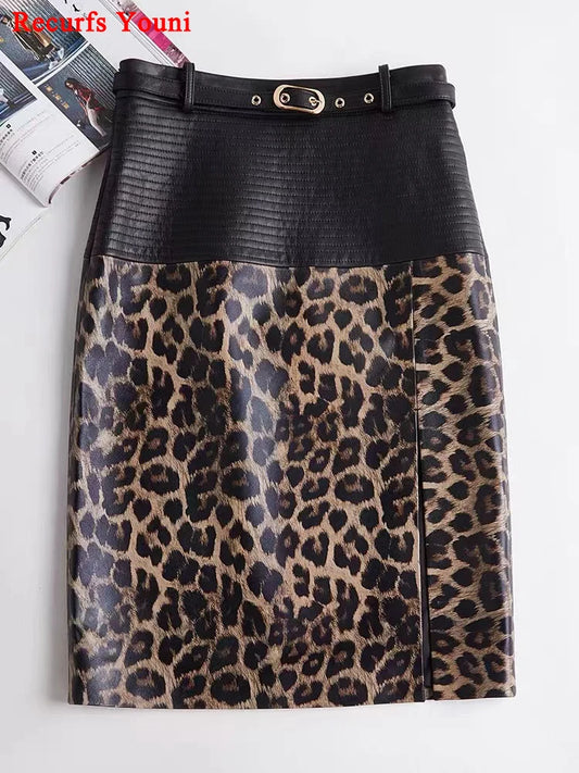 2025 New Spring Women Genuine Leather Skirt Feminino Slim Leopard Pattern Split  Wrapped Jupe Mujer Mid Length Striped Belt Saia