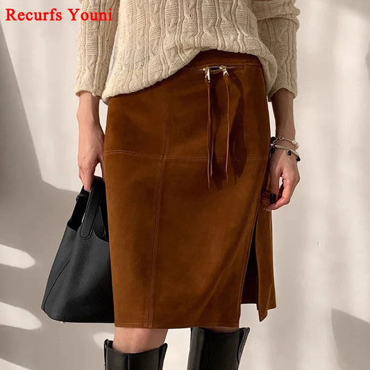 2025 Autumn Women's Sheepskin Suede Leather Skirt Female Retro Maillard Split Slim Pencil Wrap Jupe Mujer Auburn Midi Faldas