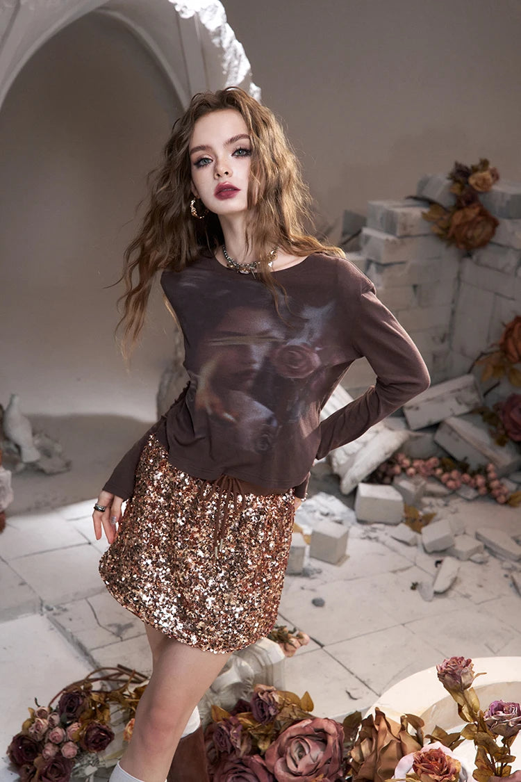 2025 Autumn ELFSACK New Arrivals Sequined pink brown heavy sequined personalized drawstring elastic waist high waist hip skirt f