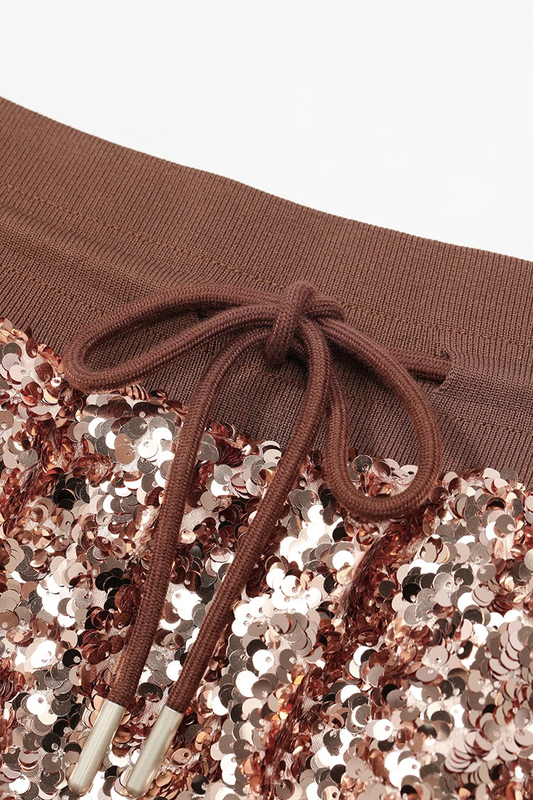 2025 Autumn ELFSACK New Arrivals Sequined pink brown heavy sequined personalized drawstring elastic waist high waist hip skirt f