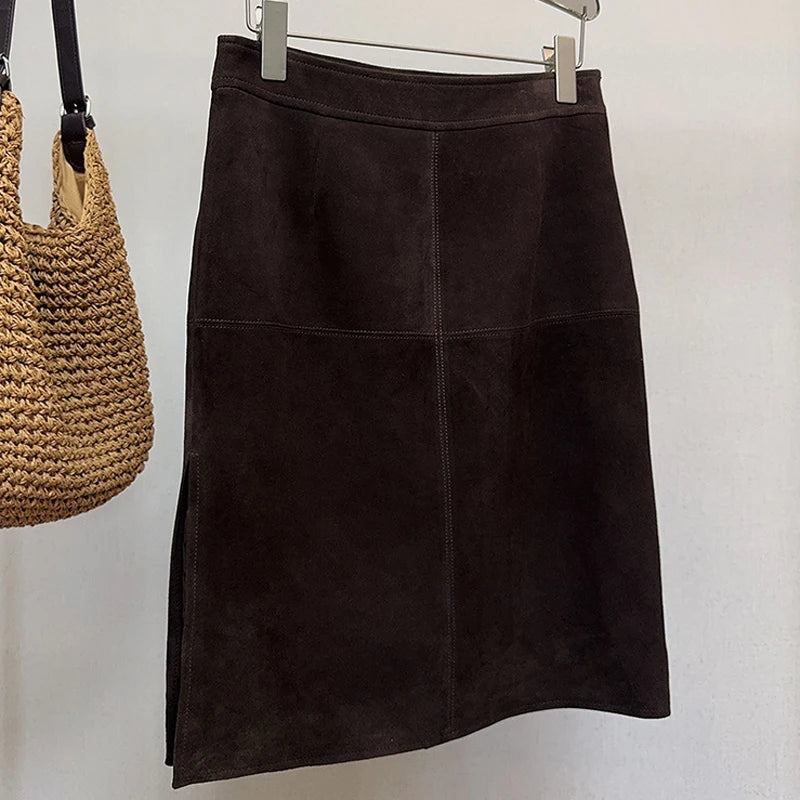 2025 Autumn Women's Sheepskin Suede Leather Skirt Female Retro Maillard Split Slim Pencil Wrap Jupe Mujer Auburn Midi Faldas