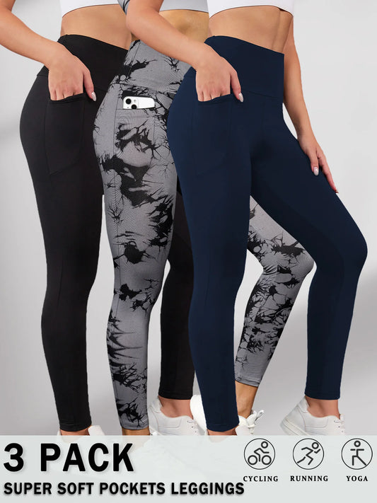 3 Pack Super Soft Leggings with Pockets for Women, High Waisted Tummy Control Workout Yoga Running Pants Leggings