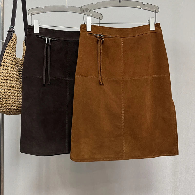 2025 Autumn Women's Sheepskin Suede Leather Skirt Female Retro Maillard Split Slim Pencil Wrap Jupe Mujer Auburn Midi Faldas