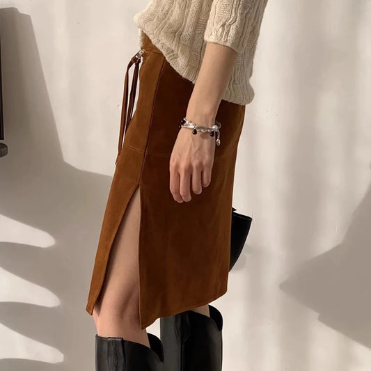 2025 Autumn Women's Sheepskin Suede Leather Skirt Female Retro Maillard Split Slim Pencil Wrap Jupe Mujer Auburn Midi Faldas