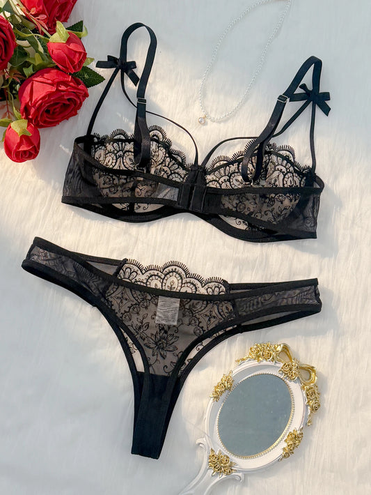 2-piece women's black comfortable lightweight bow semi transparent lingerie set ZA824057