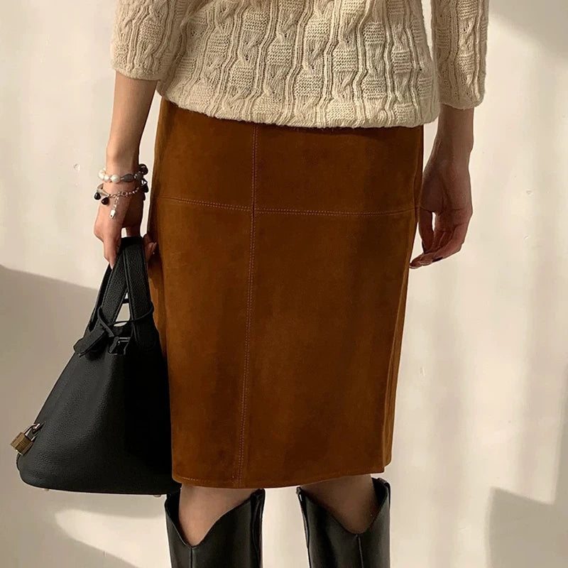 2025 Autumn Women's Sheepskin Suede Leather Skirt Female Retro Maillard Split Slim Pencil Wrap Jupe Mujer Auburn Midi Faldas