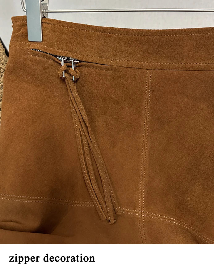 2025 Autumn Women's Sheepskin Suede Leather Skirt Female Retro Maillard Split Slim Pencil Wrap Jupe Mujer Auburn Midi Faldas