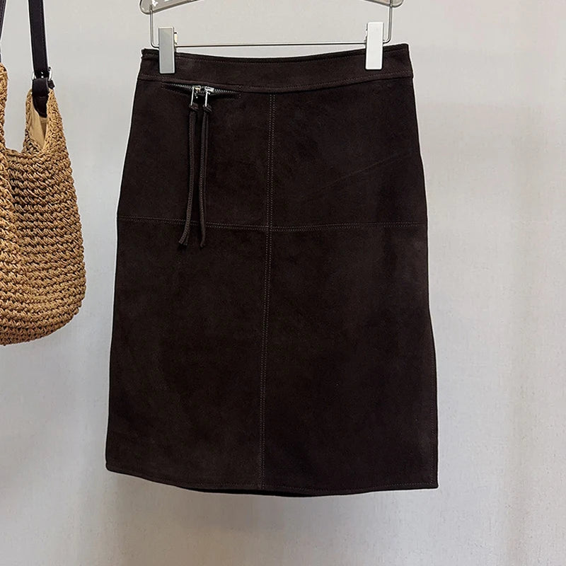 2025 Autumn Women's Sheepskin Suede Leather Skirt Female Retro Maillard Split Slim Pencil Wrap Jupe Mujer Auburn Midi Faldas