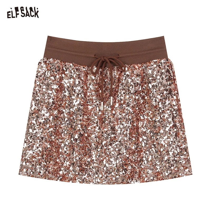 2025 Autumn ELFSACK New Arrivals Sequined pink brown heavy sequined personalized drawstring elastic waist high waist hip skirt f